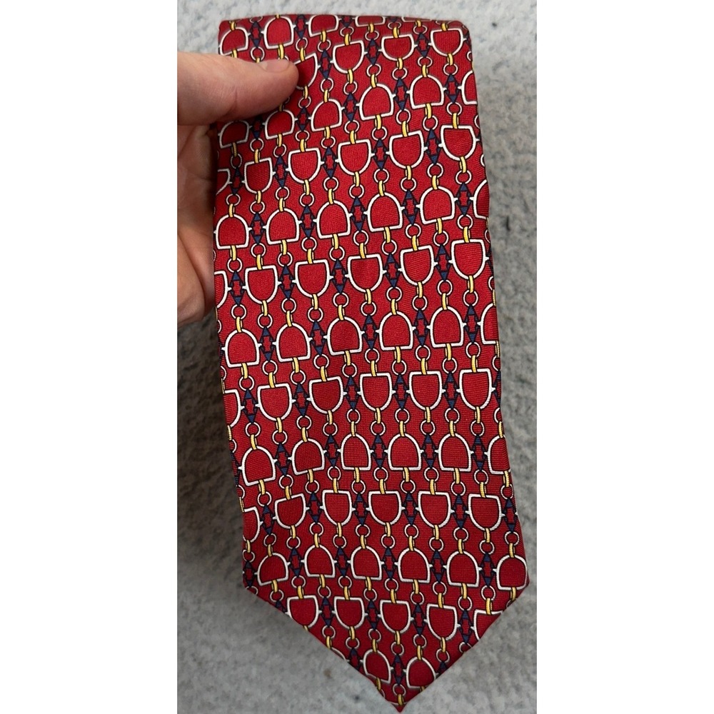 Paolo Gucci Silk Necktie Mens OS Horsebit Chain Link Red Equestrian Italy Made